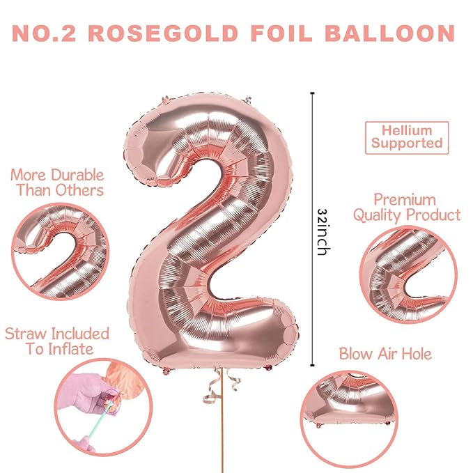 Party Propz Foil Balloon Number 2, Rose gold Number Foil Balloon - 32 Inch Foil Balloon / 2 Balloon Number Foil Rose gold for Kids 2nd Birthday Decoration Items, Anniversary Decoration