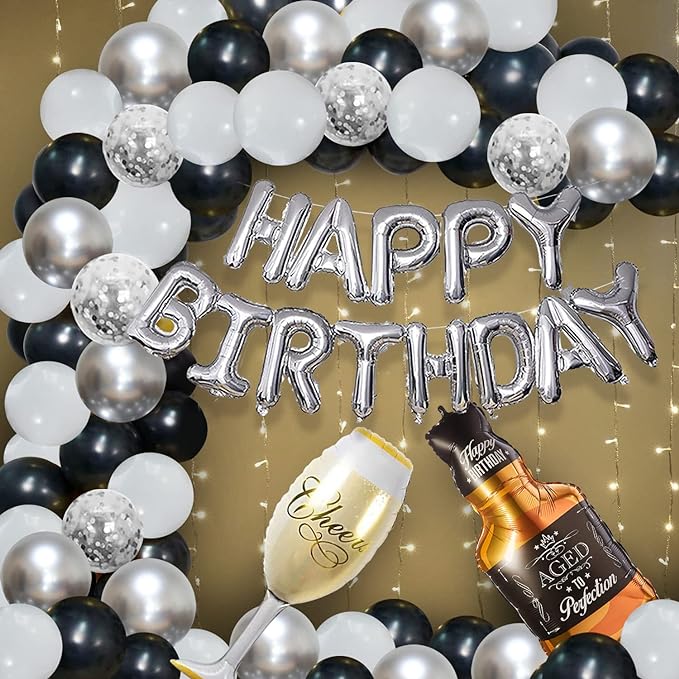 Party Propz Happy Birthday Decoration Items- Pack Of 61 Pcs|Confetti Balloons For Decoration|Birthday Decoration Items For Husband|Foil Banner (cardstock)|Cheers Glass Foil Balloon For Decoration