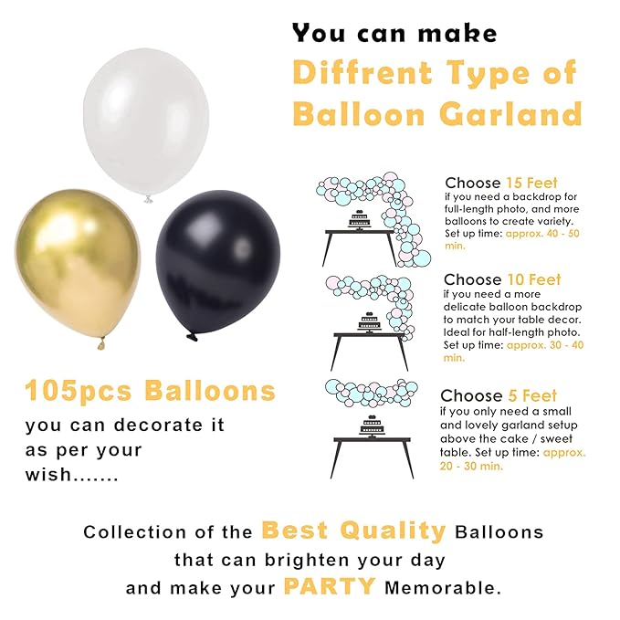 Party Propz Black Golden balloons Garland Arch Kit - 105Pcs Set for Birthday Theme Party Decorations/Husband, Wife Balloon Decoration/Metallic Ballon Decoration Pack/Black Balloons