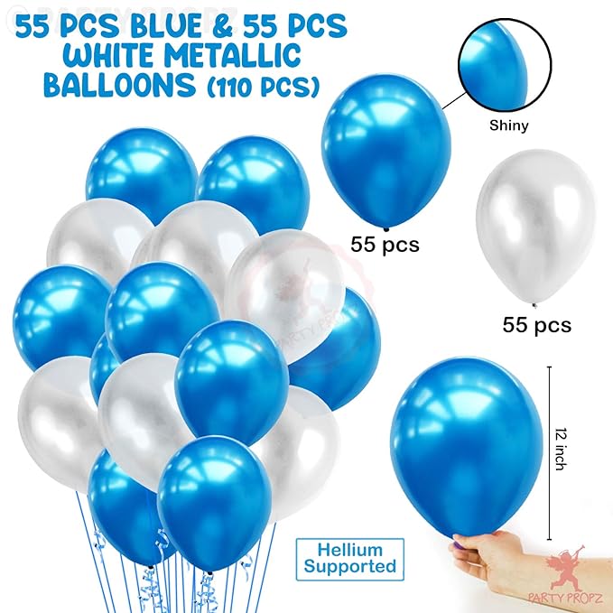Party Propz Rubber Latex Balloons Pack for Boys Kids men Birthday, Space, Prince, First, 2nd Years Decorations Balloons Supplies Combo Kit ( Blue, White, Metallic) - 110 Pieces