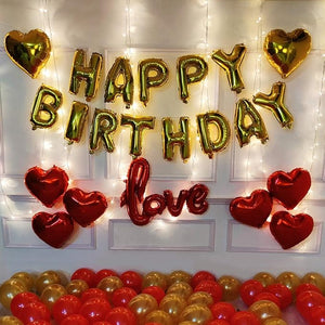 Party Propz Red and Golden Happy Birthday Decoration Set 75Pcs Fairy Led Light Happy Birthday Foil Balloon Red Golden Heart and Metallic Balloons Arch Glue Dot Combo