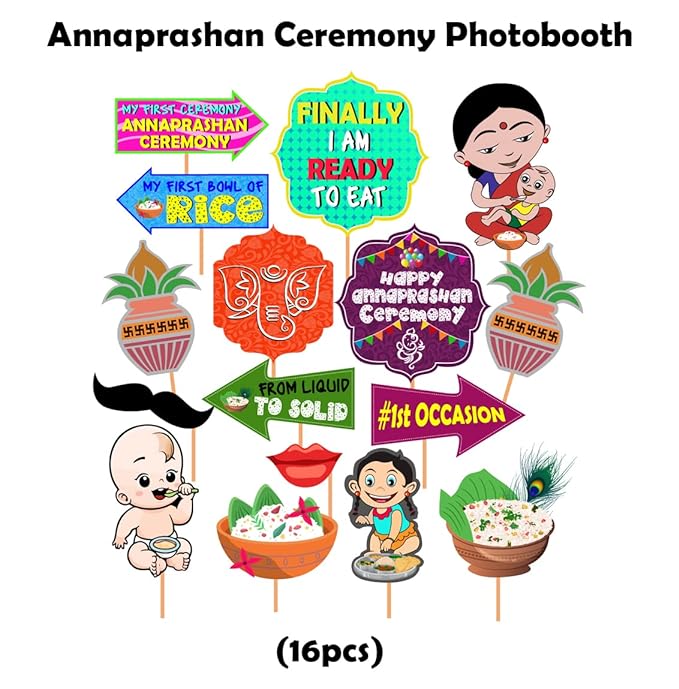 Party Propz Rice Ceremony Decorations Items - 16 Pcs Annaprashana Photo Booth Props | Annaprashan Decoration Items | Rice Ceremony Photo Props | Annaprashan Props | Baby Rice Ceremony Decorations