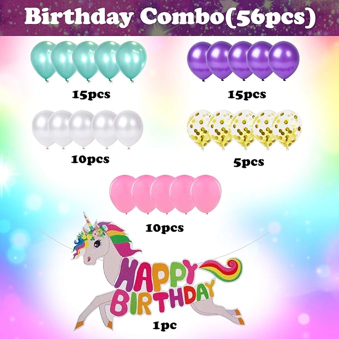 Party Propz Unicorn Theme Birthday Decoration Items- 56Pcs|Happy Birthday Decoration Items With Confetti Balloons,Foil Balloons And Unicorn Banner (cardstock)|Birthday Decoration Kit For Girls