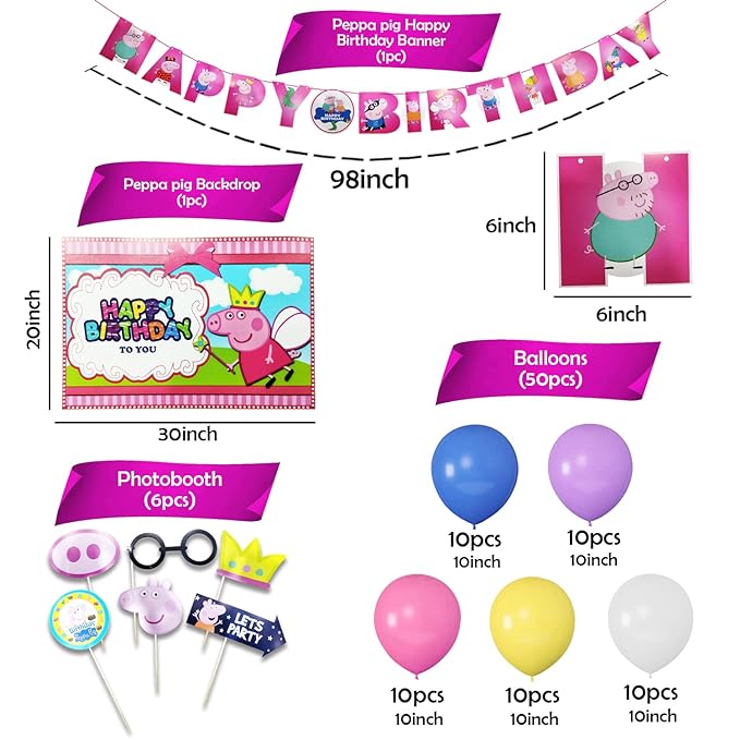 Party Propz Peppa Theme Birthday Decoration Items - 58Pcs Peppa Birthday Decoration Theme | Cartoon Theme Multicolor Balloons | Balloon Arch Strip | Happy Birthday Foil Balloon | Happy Birthday Banner (Cardstocks)