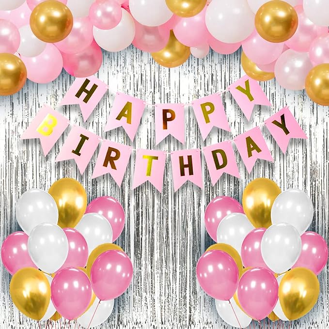 Party Propz Happy Birthday Decorations For Girls - 34 Pcs Pink Happy Birthday Decoration For Girls|Pink And Golden Balloons For Birthday Decoration|Happy Birthday Bunting|Foil Curtain For Girls, Women