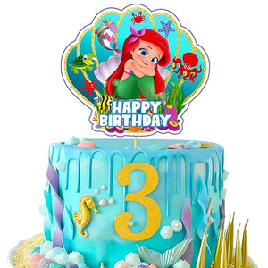 Party Propz 3rd Birthday Mermaid Theme Cake Topper - 2Pcs Mermaid Theme Birthday Decorations | Happy Birthday Cake Topper | 3rd Birthday Decorations for Girls | Cake Toppers for Cake Decoration | Mermaid Cake Topper