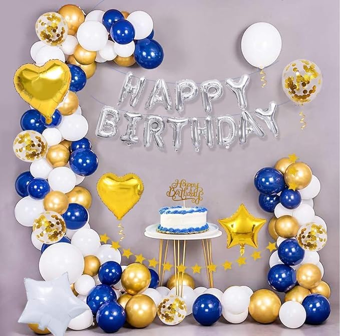 Party Propz Blue Happy Birthday Decoration Kit Combo 58pcs Banner (cardstock), Balloon, Confetti, Heart and Star Foil, Glitter Cake Topper For Boys, Husband, Adult,40th 50th 60th Party Supplies