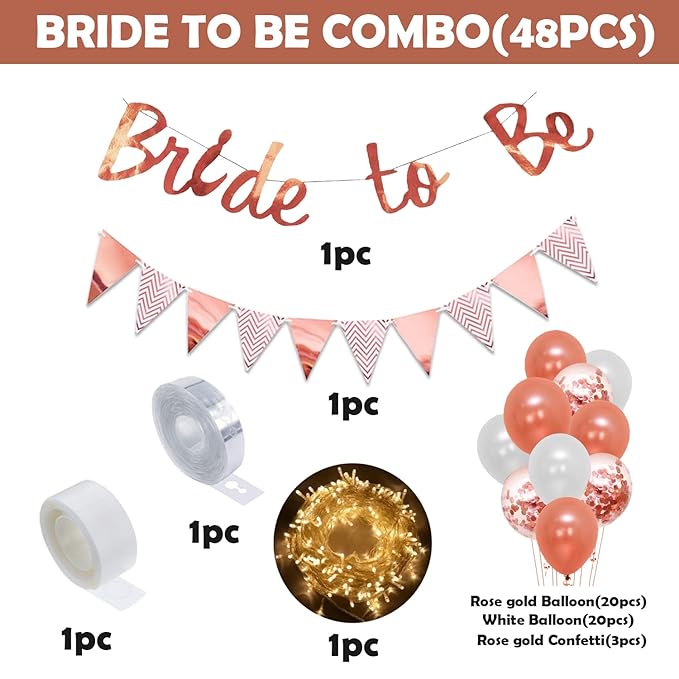 Party Propz Rose Gold Bride To Be Decoration - Pack of 48 Pcs | Bride To Be Balloons | Bride To Be Decoration Set | Rose Gold Bride To Be Decoration Set Combo | Bridal Shower Decorations Kit