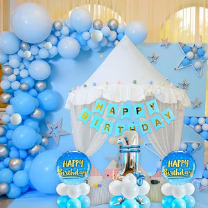 Party Propz 1st Birthday Decoration Items - 56 Pcs, First Birthday Decorations Boys | Happy Birthday Decoration for Kids | Net Curtain, Curling Ribbon, Balloons, Glue Dot, Arch Tape, Banner(Cardstock)