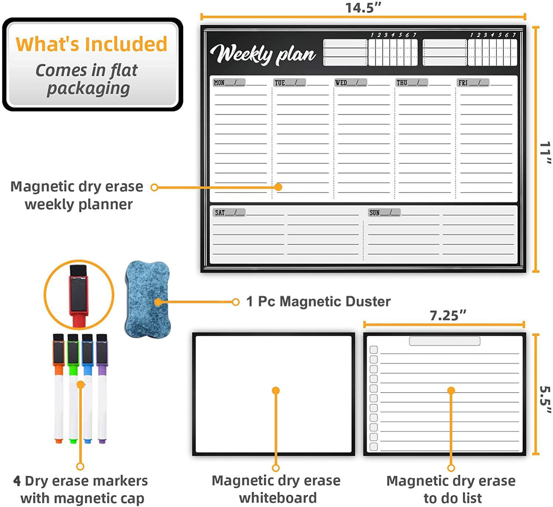 Party Propz Large Magnetic Board For Fridge With Pen-Magnetic Dry Erase Whiteboard Weekly Planner For Fridge- 1 Large Weekly Calendar 2 Notes/To Do/Grocery Boards Set 4 Magetnic