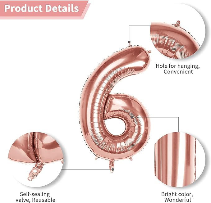 Party Propz 6th Number Foil Balloon-32 In|Anniversary Decoration Items|6th Birthday Decorations for Girls|Foil Balloon for Birthday Decoration|Perfect Decoration Items|Rose Gold 6 Number Balloon