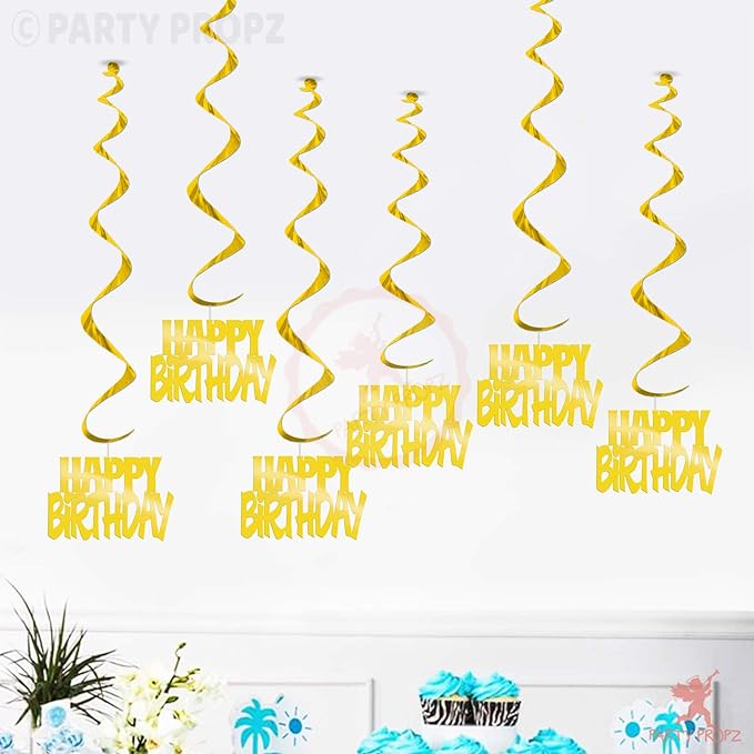 Party Propz 12Pcs Happy Birthday Golden Swirls Hanging Decoration For Golden Birthday Decorations, Happy Birthday Decoration Items