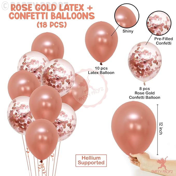 Party Propz Rose Gold Latex & Confetti balloons Pack -18Pcs Set for birthday decoration items/balloons for birthday