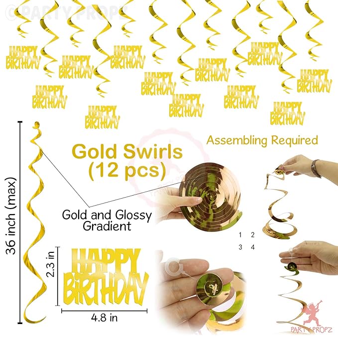 Party Propz 12Pcs Happy Birthday Golden Swirls Hanging Decoration For Golden Birthday Decorations, Happy Birthday Decoration Items