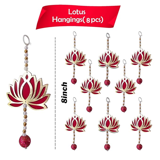 Party Propz Handmade Lotus Hangings For Decoration -8Pcs 8 Inch Wall Decor Lotus Latkan Toran With Lotus Buds | MDF Floral Wall Hangings For Temple Decor | Main Door Entrance | Mandir Decoration Items
