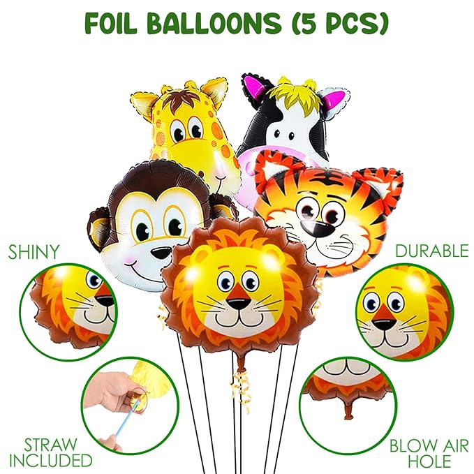 Party Propz Happy Birthday Foil Balloon-Set Of 5 Animal Foil Balloons|Balloon Decoration For Birthday|Cow Foil Balloon|Jungle Theme Balloons For Decoration| Happy Birthday Decoration Kit||Multicolor