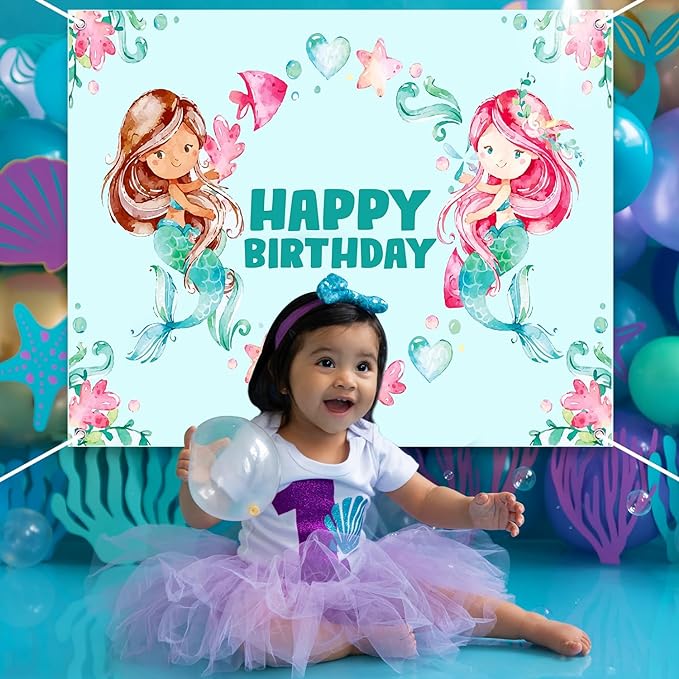 Party Propz Mermaid Birthday Banner Backdrop - Mermaid Theme Birthday Decorations/Mermaid Decoration for Birthday/Birthday Decoration Items for Girl/Happy Birthday Decoration