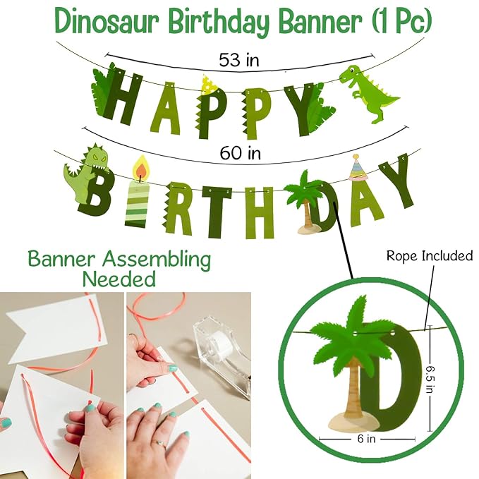 Party Propz Dinosaur Theme Birthday Decorations - 54 Pcs Dinosaur Birthday Decoration with Happy Birthday Banner (Cardstock) | Dinosaur Birthday Theme Decoration | Green Dinosaur Balloons for Birthday