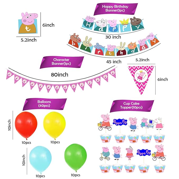 Party Propz Peppa Theme Birthday Decoration Kit - Combo of 52 | Multicolor Balloons for Birthday | Happy Birthday Banner(cardstock) | Peppa Cake Toppers for Birthday | Peppa Birthday Decoration Items