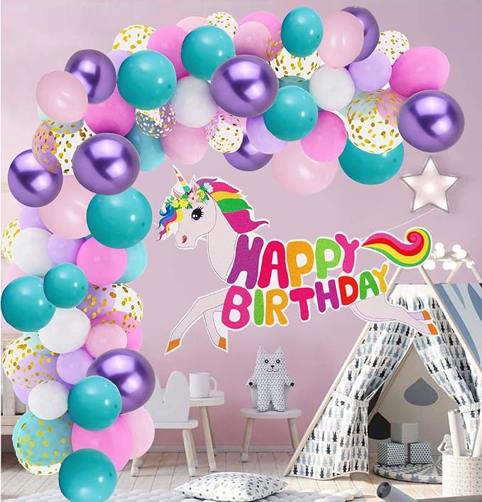 Party Propz Unicorn Theme Birthday Decoration Items- 56Pcs|Happy Birthday Decoration Items With Confetti Balloons,Foil Balloons And Unicorn Banner (cardstock)|Birthday Decoration Kit For Girls