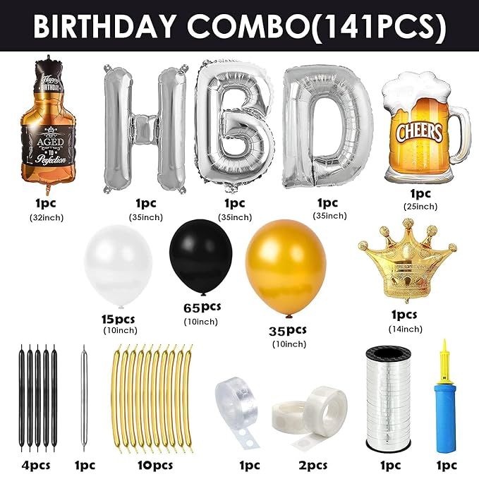 Party Propz Happy Birthday Decoration Kit for Husband - 141Pcs Adult Birthday Decoration Items | Birthday Decoration Items for Husband | Silver Giant Combo Mug Foil Crown | Silver Metallic Balloons