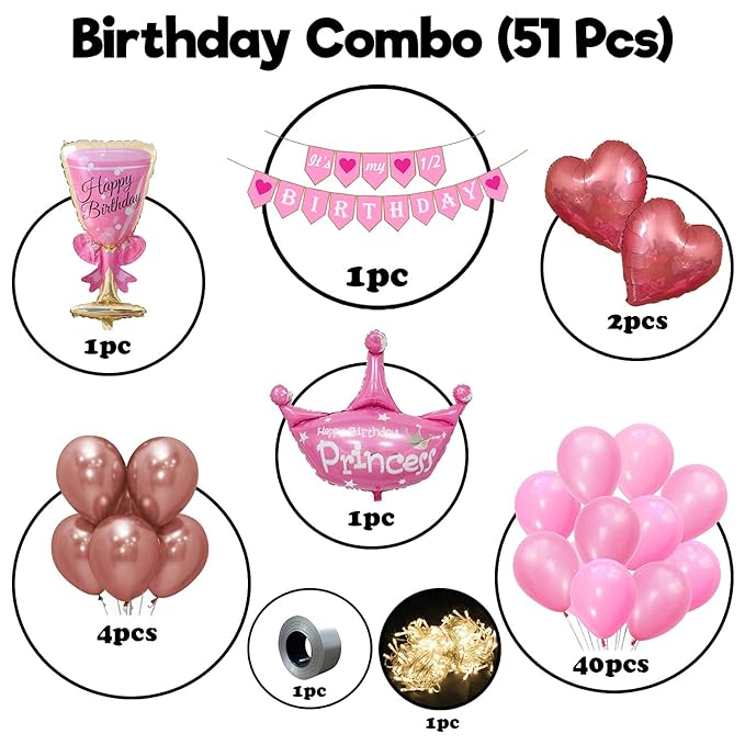 Party Propz Half Birthday Decorations For Baby Girl Combo - 51Pcs Items Set For 6 Months Birthday Decorations For Girl - 1/2 Birthday Decorations For Girls, Half Bday Banner (cardstock), Balloons,Foil