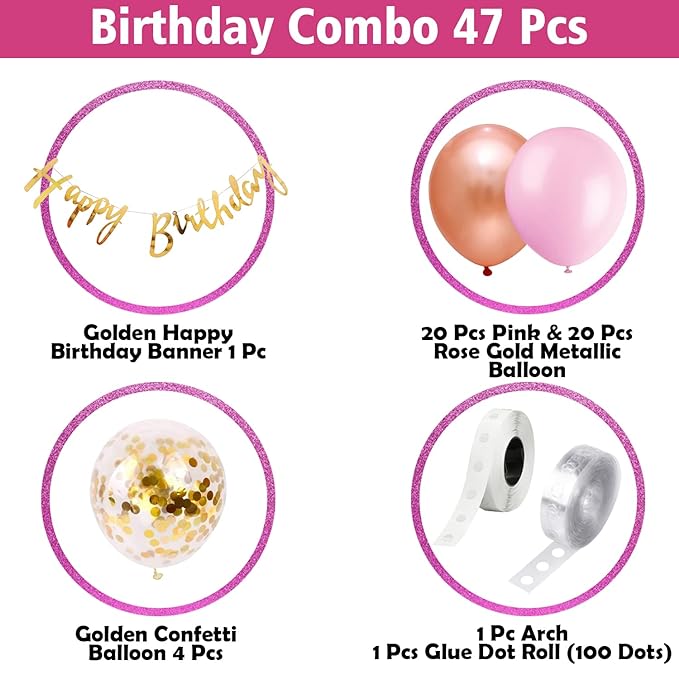 Party Propz Birthday Decoration Items For Girls - 47Pcs Happy Birthday Banner (Cardstock), Chrome Balloons for Birthday Decorations | Pink Birthday Decorations for Kids | Happy Birthday Decoration Kit