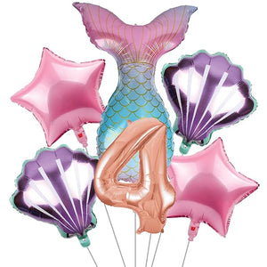 Party Propz Mermaid Theme 4th Birthday Decorations - 6 Pcs Mermaid Theme Foil Balloons Set | Fourth Birthday Mermaid Balloons | Kids Birthday Decoration for Girls 4 Years