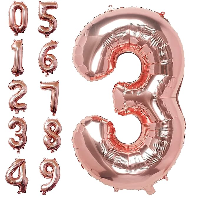 Party Propz 3 Number Foil Balloon - 16 Inch Rose Gold Foil balloons for 21st Birthday Decoration items | Anniversary Decoration items | Balloon Decoration | Number Balloons for Party