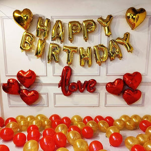 Party Propz Red and Golden Happy Birthday Decoration Set 70Pcs Happy Birthday Foil Balloon Red Golden Heart and Metallic Balloons Combo