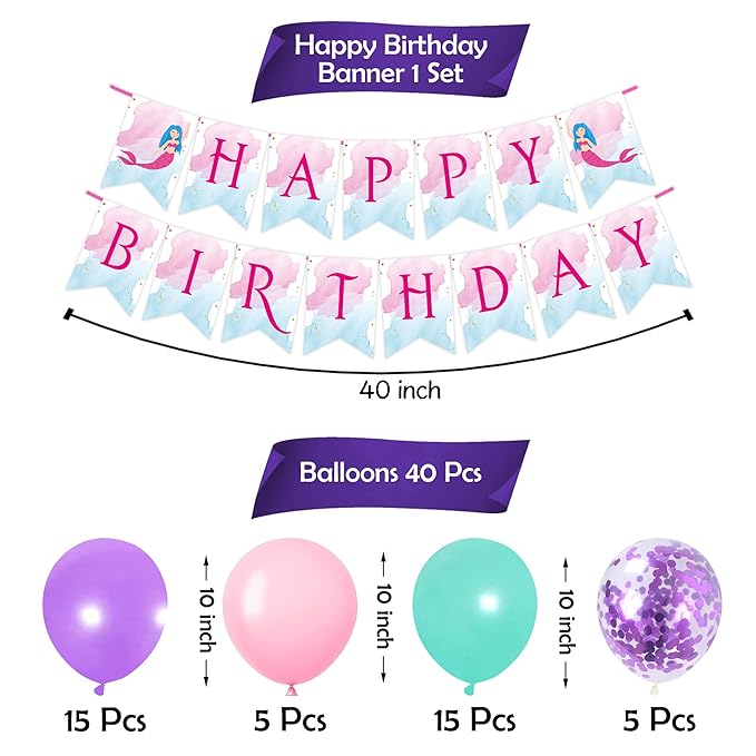 Party Propz Mermaid Theme Birthday Decorations - Cute 41pcs Birthday Decoration Items For Girl | Purple Balloons for Birthday Decoration for Kids | Mermaid Theme Banner for Birthday Decoration (Cardstock)