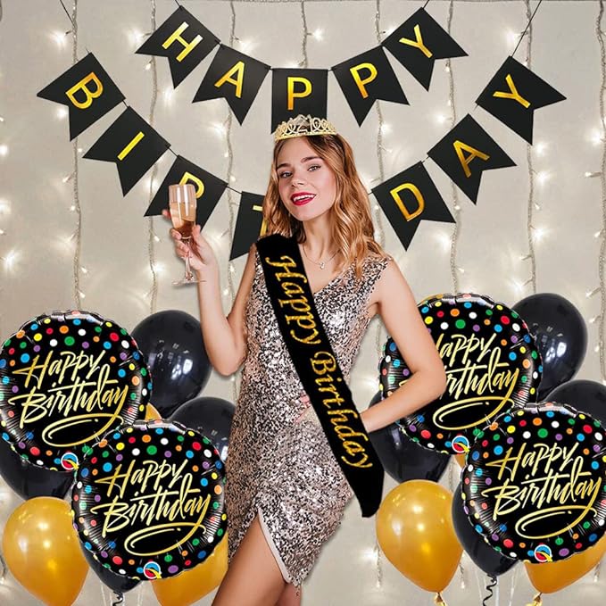 Party Propz Birthday Decoration Items For Girl-17 Pcs,Happy Birthday Decorations For Wife,Women|Birthday Theme Decoration For Girls|Birthday Sash,Banner(Cardstock)Lights,Metallic,Foil Balloons