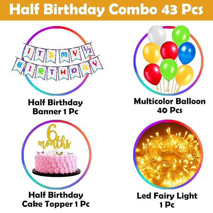 Party Propz Its My Half Birthday latex Decorations Set With Led Fairy Light-Half Birthday Banner, Cake Toppers, Balloons Decoration For Baby Boy Or Baby Girl, 1/2 Birthday - 43 Pieces - Multicolour