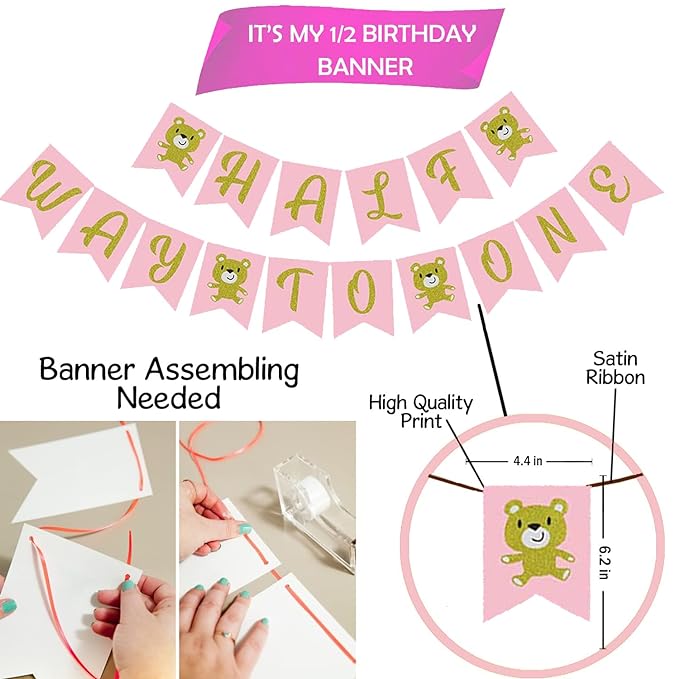 Party Propz Half Way To One Banner - Half Birthday Banner (Cardstock) | Half Birthday Decorations for Baby Girl | 1/2 Birthday Decorations for Girls | 6 Month Birthday Decorations | Half Year Birthday