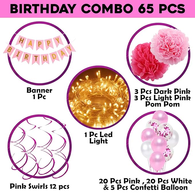 Party Propz Happy Birthday Decorations For Girls Combo Set - Pink Birthday Combo With Happy Birthday Paper Banner, Pink Pom Pom, LED Fairy Light, Swirls & Confetti Balloons For Girls, Women - 65Pcs