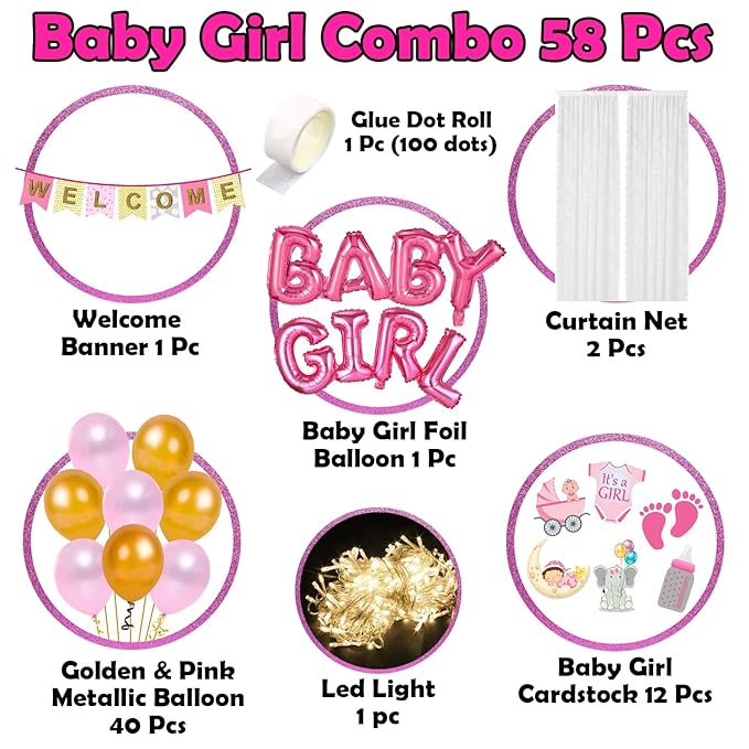 Party Propz Baby Welcome Home Decoration Kit - Set of 58 Pcs, Welcome Baby Girl Decoration Kit | Pink, Golden Balloons For Decoration | Baby Letter Foil Balloon | Welcome Home Baby Decoration