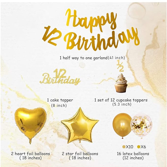 Party Propz Its My Half Birthday Decorations Set -Golden Glitter Banner (cardstock),Cake Toppers, Heart Star Baloons, Confetti Balloons, Half Birthday Decoration for Baby Boy or baby girl,1/2 Birthday