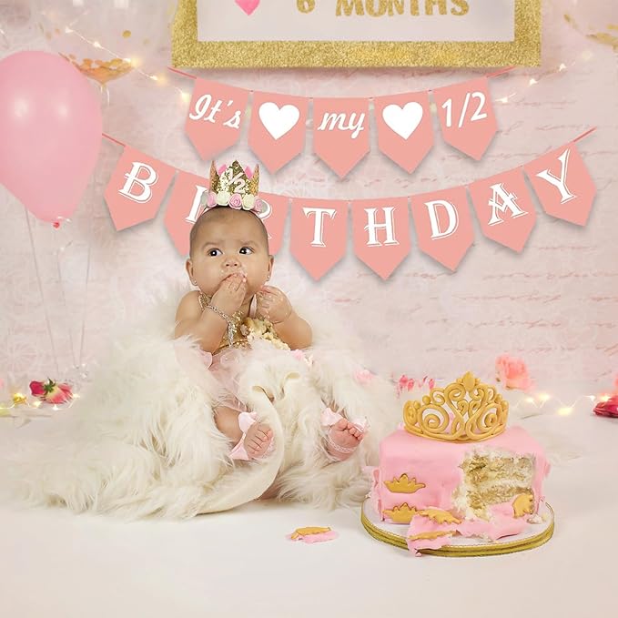 Party Propz Its My Half Birthday Banner - Pack Of 1 | 1/2 Birthday Decorations For Girls, Boys | Rose Gold Happy Birthday Banner(Cardstock) | Its My Half Banner For Baby | Birthday Decoration Item For Baby