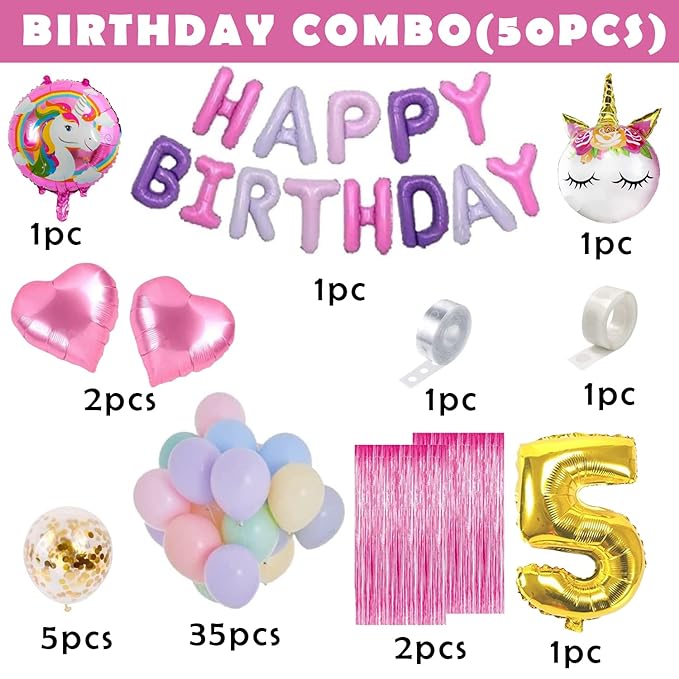 Party Propz Rubber Unicorn Theme Birthday Decorations Items Combo Set 50Pcs Kit For Happy Birthday Decoration Kit For Girls/Unicorn Birthday Decorations/Baby Birthday Decoration Items 5 Y,Multicolor