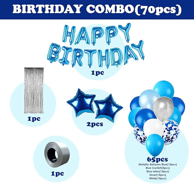 Party Propz Blue Theme Birthday Decoration Kit, 70 Pcs Combo, Birthday Decoration Kit For Boys, Happy Birthday Banner (cardstock), Foil Balloons With Foil Curtain, Blue&White Balloons For Decoration