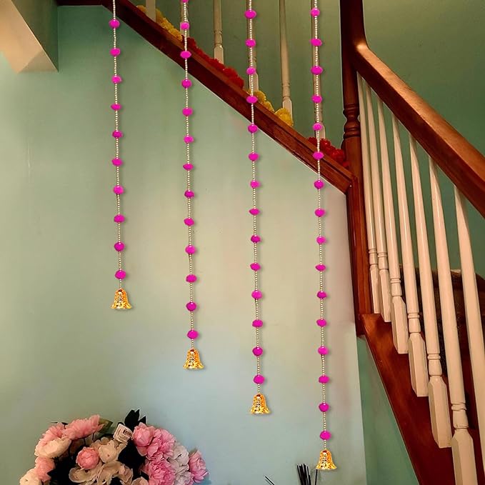 Party Propz Pom Pom Hangings for Decoration - 4Pcs 60Inch Handmade Wall Hangings Latkans for Decoration | Bandarwar Decoration Item | Pom Pom Latkan With Golden Bells for Decoration | Haldi Decoration