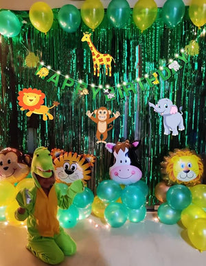 Party Propz Jungle Theme Birthday Decoration Combo - Pack of 64 Pcs | Animal Theme Birthday Party Decorations With Led Light, Animals Safari Forest Foil Balloons | Happy Birthday Banner (Cardstocks)
