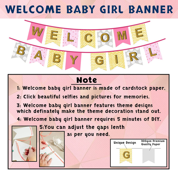 Party Propz Welcome Baby Girl Decoration- 45Pcs Baby Girl Welcome Home Decoration Kit | Naming Ceremony Decoration Kit | Welcome Baby Decoration | Welcome Baby Banner (cardstock) | Baby Girl Welcome