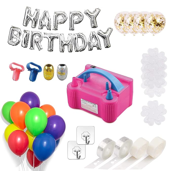 Party Propz 95 Pcs Electric Balloon Pump Set- Electric Air Balloon Blower, Balloon Inflator 110V 600W Portable Dual Nozzles- Ballon Arch Garland Kit with Tape Strip, Tying Tool, Dot Glue, Flower Clip for Party Decoration