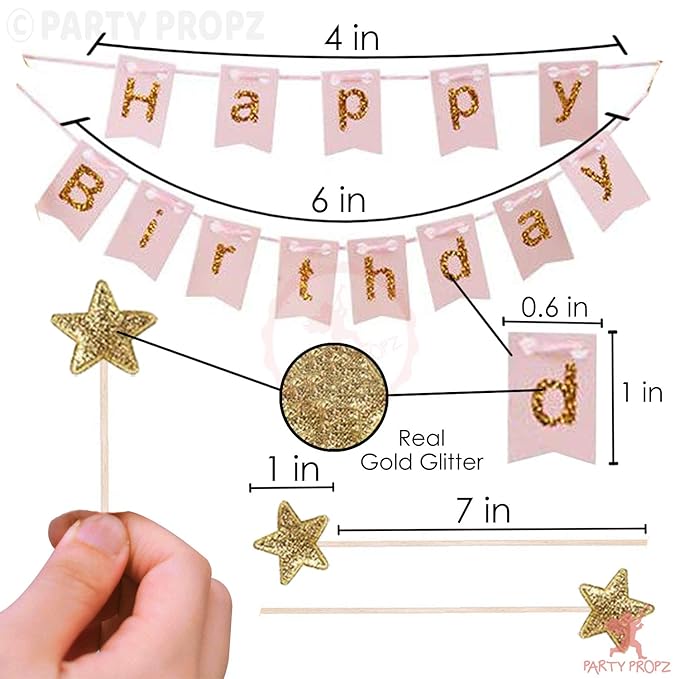 Party Propz Pink Happy Birthday Cake Topper - 1 Pc with Golden Glitter Alphabets | Cake Decoration Items | Happy Birthday Decoration | Cake Toppers Item for Wife, Girls, Kids | Happy Birthday Topper