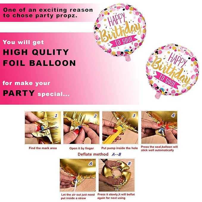 Party Propz Birthday Balloons for Decoration - 7 Pcs Confetti Balloons | Happy Birthday Balloons for Girls| Foil Balloons for Birthday | Pink Balloons for Birthday Decoration | Pink Latex Balloons