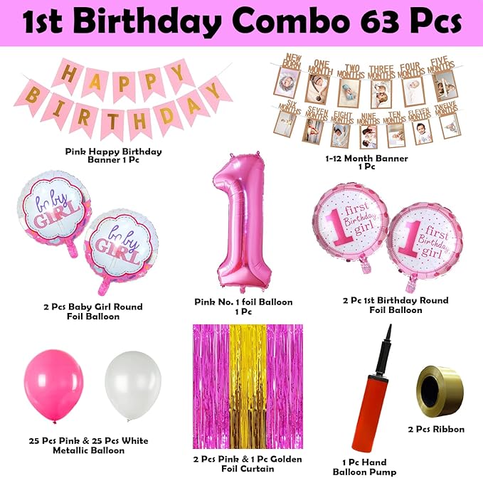 Party Propz 1st Birthday Decoration for Girls - 63 Pcs, Pink Happy Birthday Paper Banner(cardstock), Foil, Metallic Balloons, Foil Curtains with Hand Balloon Pump for First Birthday Decorations