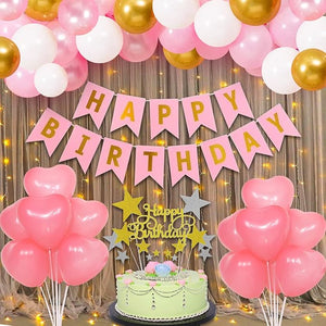 Party Propz Pink Birthday Decoration Items Combo Set For Girls Kids- Happy Birthday Paper Banner, Metallic Balloons With Cake Toppers and Fairy Led Light For Birthday Decorations Celebrations - 58Pcs