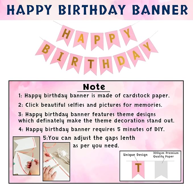 Party Propz Pink Happy Birthday Paper Banner With Led Light Decoration Items For Girls,Kids Bday Decorations Kit/Birtday Supplies/Lights Combo Pack Set/ Princess, First, 2nd, Cake Smash Theme