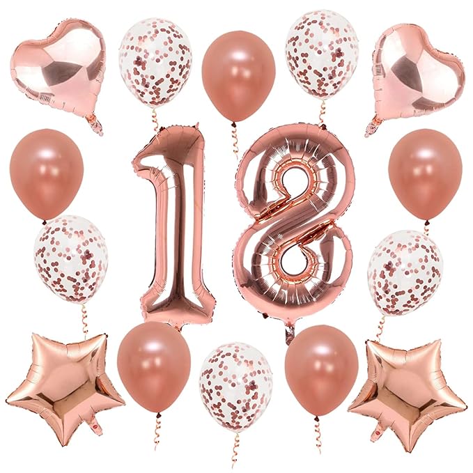 Party Propz 18th Birthday Decorations For Girls - 18 Number, Confetti, Star & Heart Foil Balloons & Metallic Balloon Combo Set Kit - 18th Birthday Decoration Items/ 18 Balloon Number For Girls